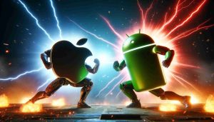 Scena intensa di battaglia tra Apple vs Samsung, raffigurati come combattenti in un'arena futuristica con fulmini e scintille che sottolineano il conflitto. L'atmosfera &egrave; drammatica e competitiva, riflettendo la rivalit&agrave; tecnologica tra i due giganti.