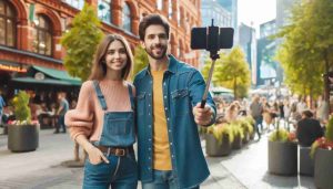 Due persone che passeggiano insieme mentre fanno una live stream, tenendo uno smartphone su un selfie stick in un ambiente urbano vivace con un po' di verde, fenomeno del boom del marketing video.