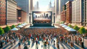 Pubblicit&agrave; Televisiva: una grande televisione in una piazza affollata con molte persone che guardano affascinate.