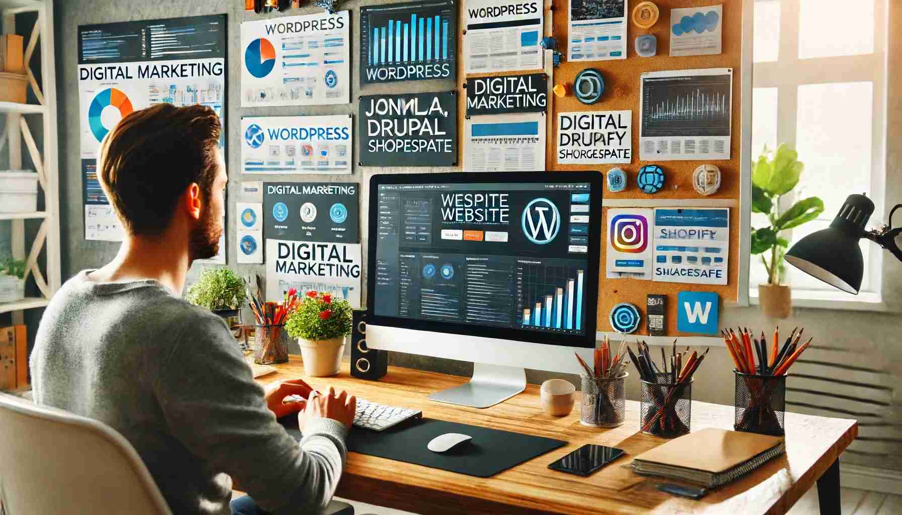 Ragazzo nel suo studio che costruisce un Sito Web con uno dei migliori CMS del 2024