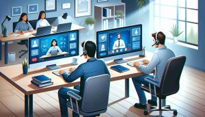 l Futuro del Lavoro: Due persone che lavorano al computer partecipando a una videochiamata da remoto. La scena mostra ciascuna persona nel proprio spazio di lavoro, con laptop, cuffie e schermi di meeting virtuali visibili. L'ambiente evidenzia la comunicazione e la collaborazione a distanza in un moderno ufficio o home office.