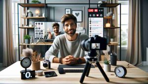 Influencer in primo piano in un moderno studio high-tech, interagendo con il pubblico tramite live stream sui social media. Sullo sfondo sono visibili elementi come commenti e like sullo schermo, vari dispositivi moderni e un arredamento trendy.