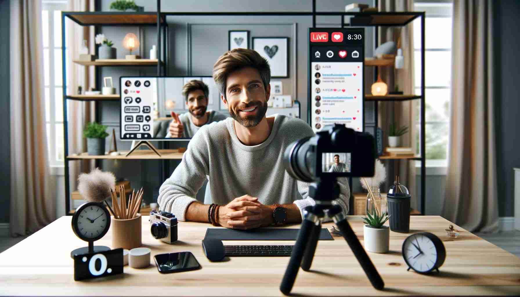 Influencer in primo piano in un moderno studio high-tech, interagendo con il pubblico tramite live stream sui social media. Sullo sfondo sono visibili elementi come commenti e like sullo schermo, vari dispositivi moderni e un arredamento trendy.