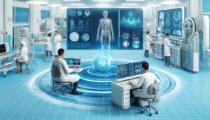 L'Intelligenza Artificiale nel Settore Sanitario: Ambiente medico futuristico con medici che utilizzano dispositivi avanzati alimentati dall'IA per diagnosi e analisi dei dati dei pazienti. La scena include schermi digitali, ologrammi che mostrano dati medici e dispositivi di imaging ad alta risoluzione, in un moderno ospedale ad alta tecnologia.