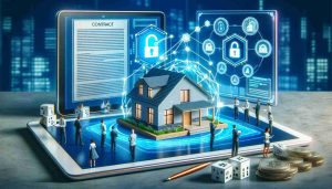 La Blockchain nel Settore Immobiliare: una scena che mostra una transazione immobiliare moderna alimentata dalla tecnologia blockchain, con un contratto digitale visualizzato su uno schermo olografico e persone che interagiscono con la tecnologia in un ufficio contemporaneo.