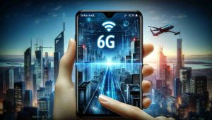 Smartphone moderno con connessione 6G visibile nella barra di stato, ambientato in una citt&agrave; futuristica che simboleggia la connettivit&agrave; avanzata e le tecnologie del futuro.