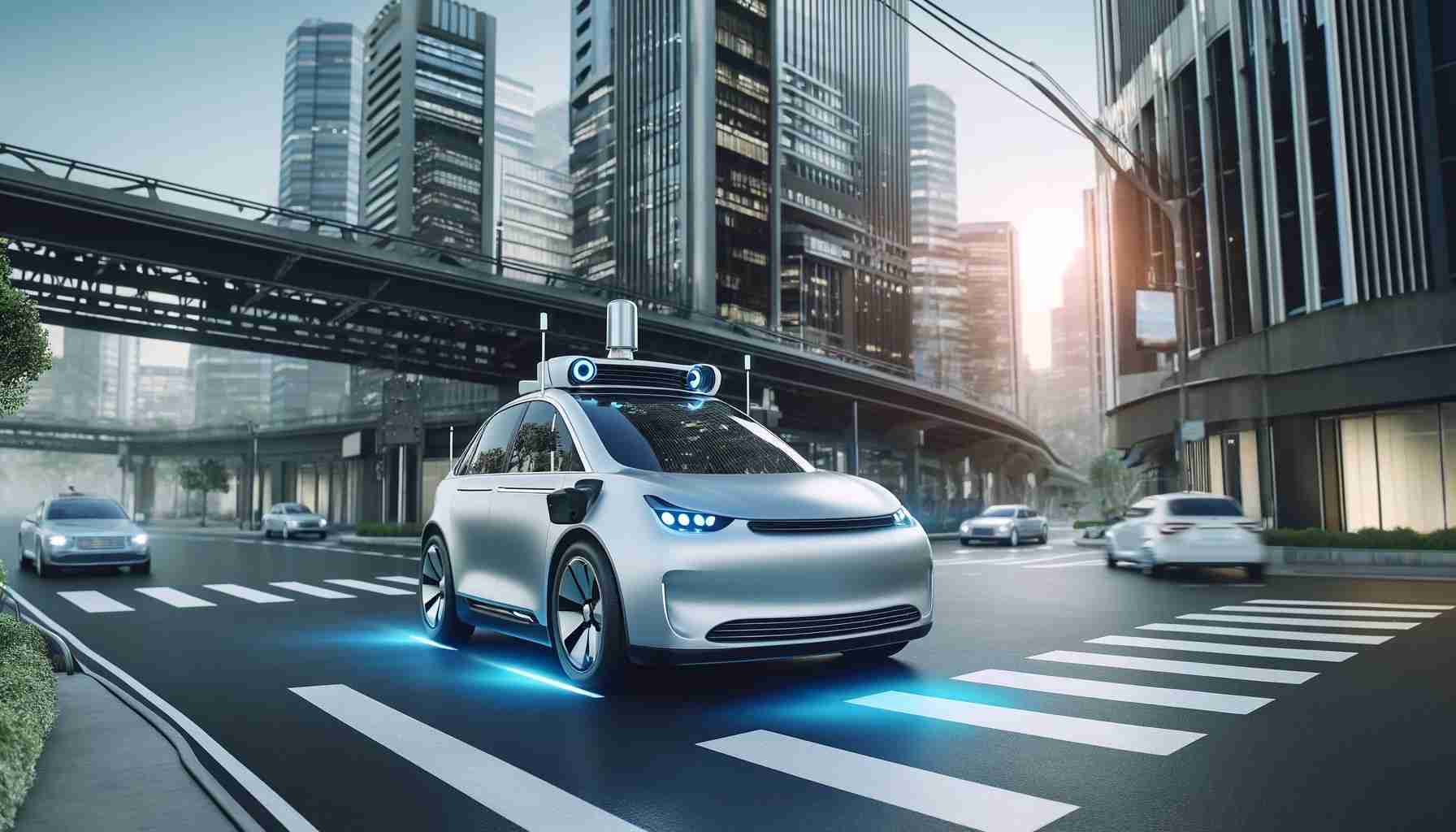 Auto a guida autonoma su una strada di città moderna, con sensori, telecamere e LIDAR visibili. Lo sfondo include un ambiente urbano futuristico con altri veicoli autonomi e infrastrutture intelligenti.