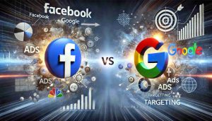 Immagine dinamica che mostra una sfida metaforica tra Facebook e Google, con i loghi che si affrontano in una posizione competitiva, circondati da elementi di digital marketing come annunci, grafici analitici e icone di targeting.