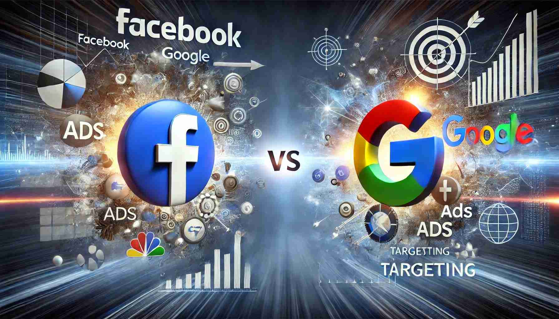 Immagine dinamica che mostra una sfida metaforica tra Facebook e Google, con i loghi che si affrontano in una posizione competitiva, circondati da elementi di digital marketing come annunci, grafici analitici e icone di targeting.