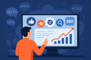 Illustrazione digitale che mostra un professionista davanti a uno schermo con icone di social media, SEO e marketing, mentre i miti del digital vengono sfatati e dissolti.