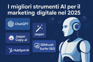 Illustrazione moderna che mostra i migliori strumenti di intelligenza artificiale per il marketing digitale nel 2025, con un robot stilizzato e le icone di tool come ChatGPT, Jasper, Copy.ai, HubSpot AI, SEMrush e Surfer SEO su sfondo blu tecnologico.