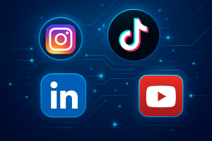 Illustrazione futuristica con le icone di Instagram, TikTok, LinkedIn e YouTube, raffigurate su sfondo blu digitale con dettagli luminosi.