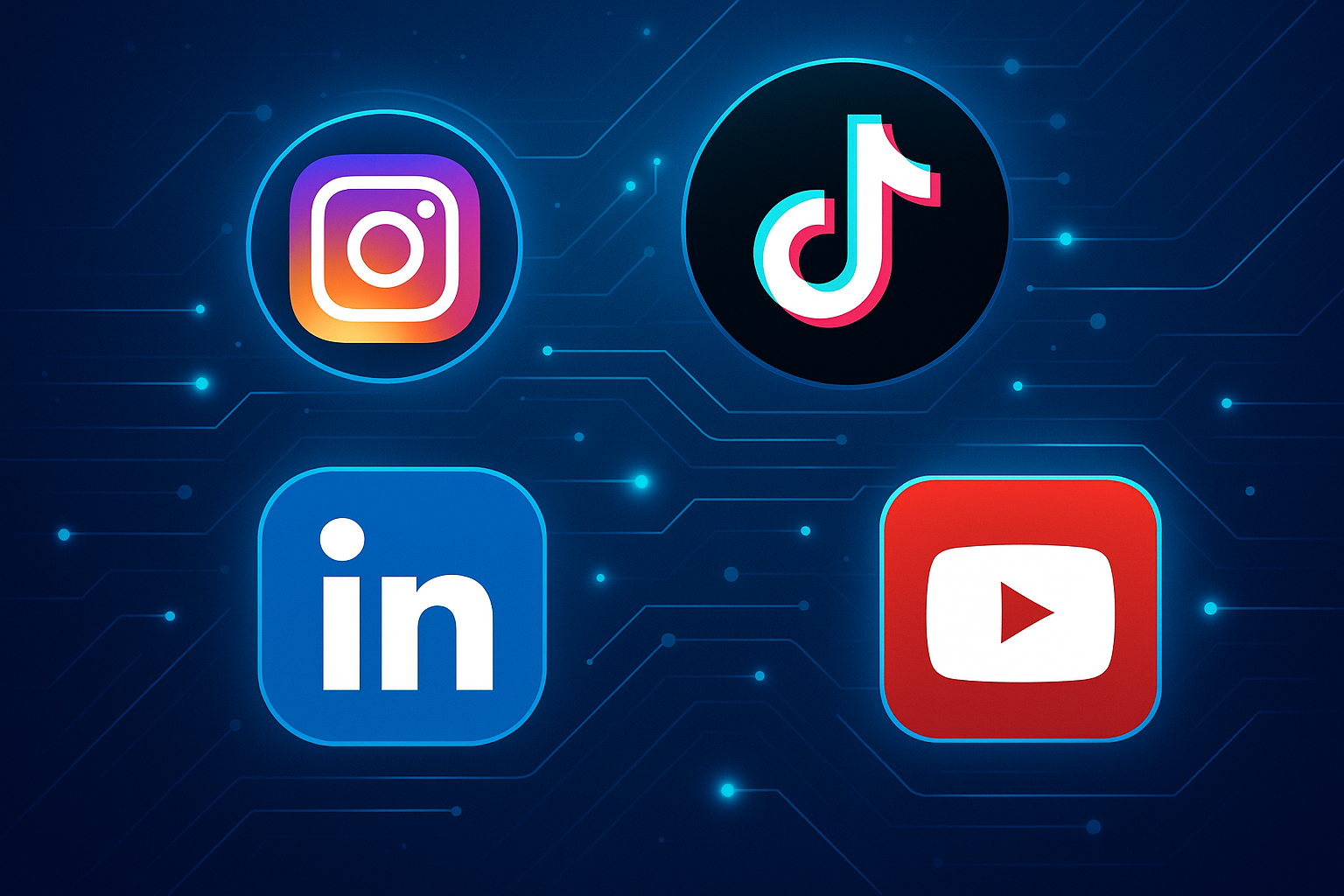 Illustrazione futuristica con le icone di Instagram, TikTok, LinkedIn e YouTube, raffigurate su sfondo blu digitale con dettagli luminosi.
