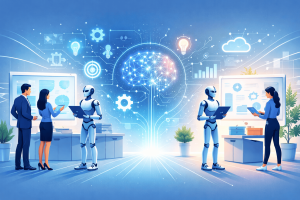 Illustrazione moderna che rappresenta la collaborazione tra intelligenza artificiale e persone nel lavoro digitale, mostrando come l&rsquo;AI supporta e potenzia le competenze umane.