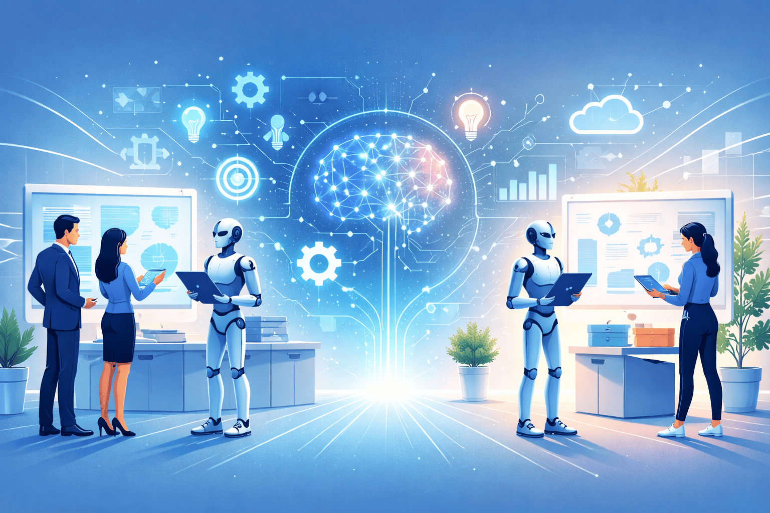 Illustrazione moderna che rappresenta la collaborazione tra intelligenza artificiale e persone nel lavoro digitale, mostrando come l’AI supporta e potenzia le competenze umane.