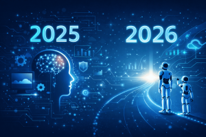 Illustrazione sullo sviluppo tecnologico nel 2025 con intelligenza artificiale, automazione e una visione futuristica delle innovazioni attese nel 2026.
