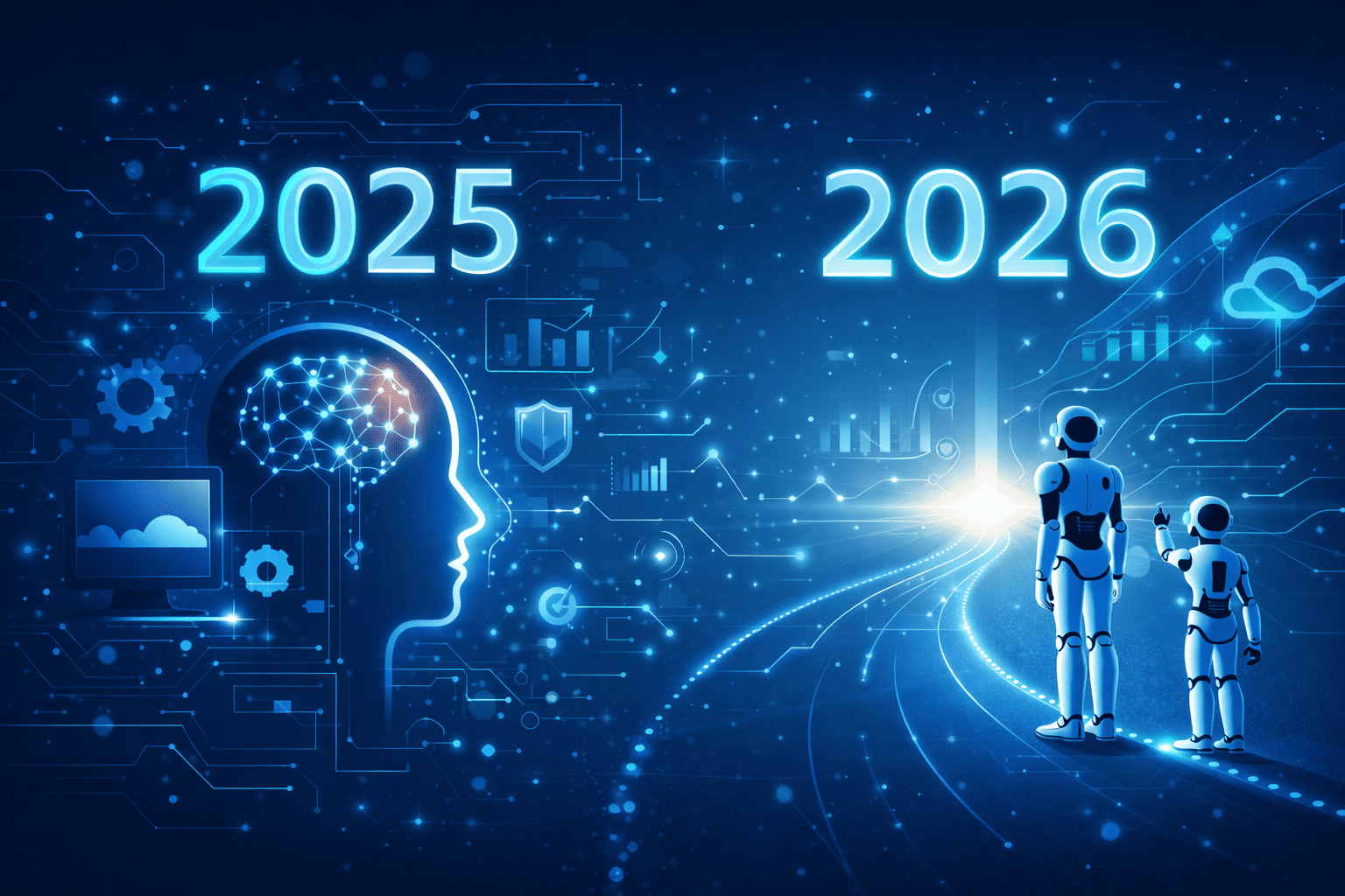 Illustrazione sullo sviluppo tecnologico nel 2025 con intelligenza artificiale, automazione e una visione futuristica delle innovazioni attese nel 2026.